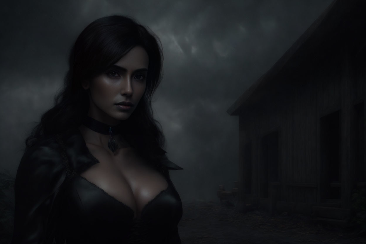 Mysterious woman in black leather outfit with intense eyes against misty cabin backdrop