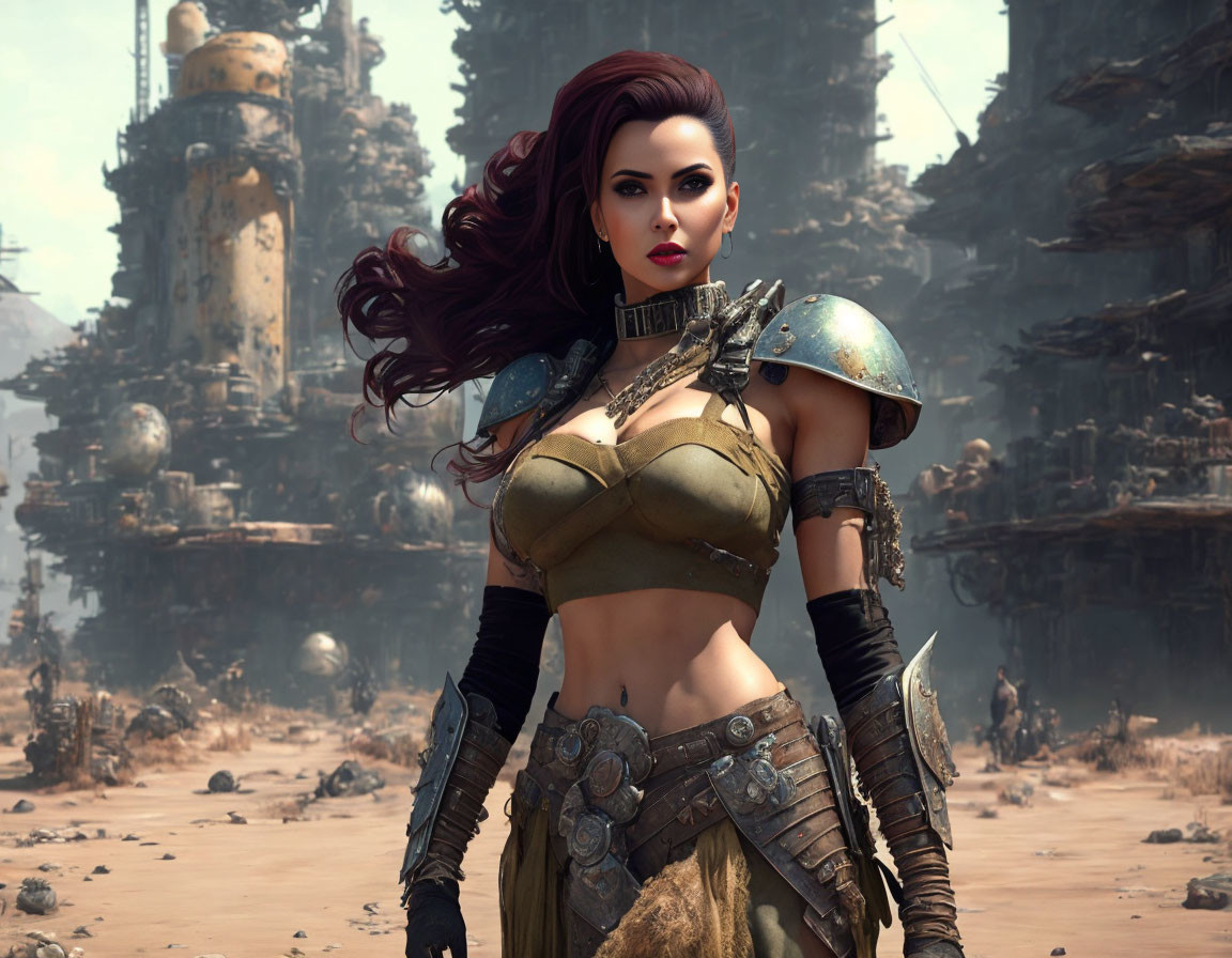 Armored female warrior with red hair in dystopian setting