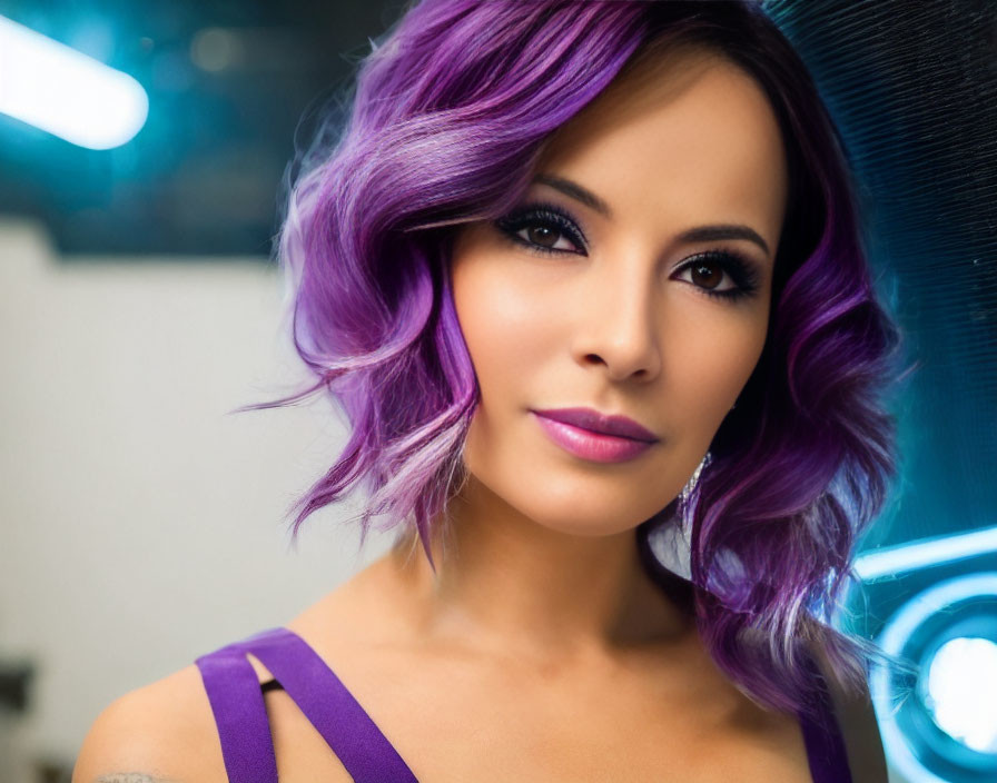 Vibrant Purple Hair Woman in Matching Dress with Bokeh Lights