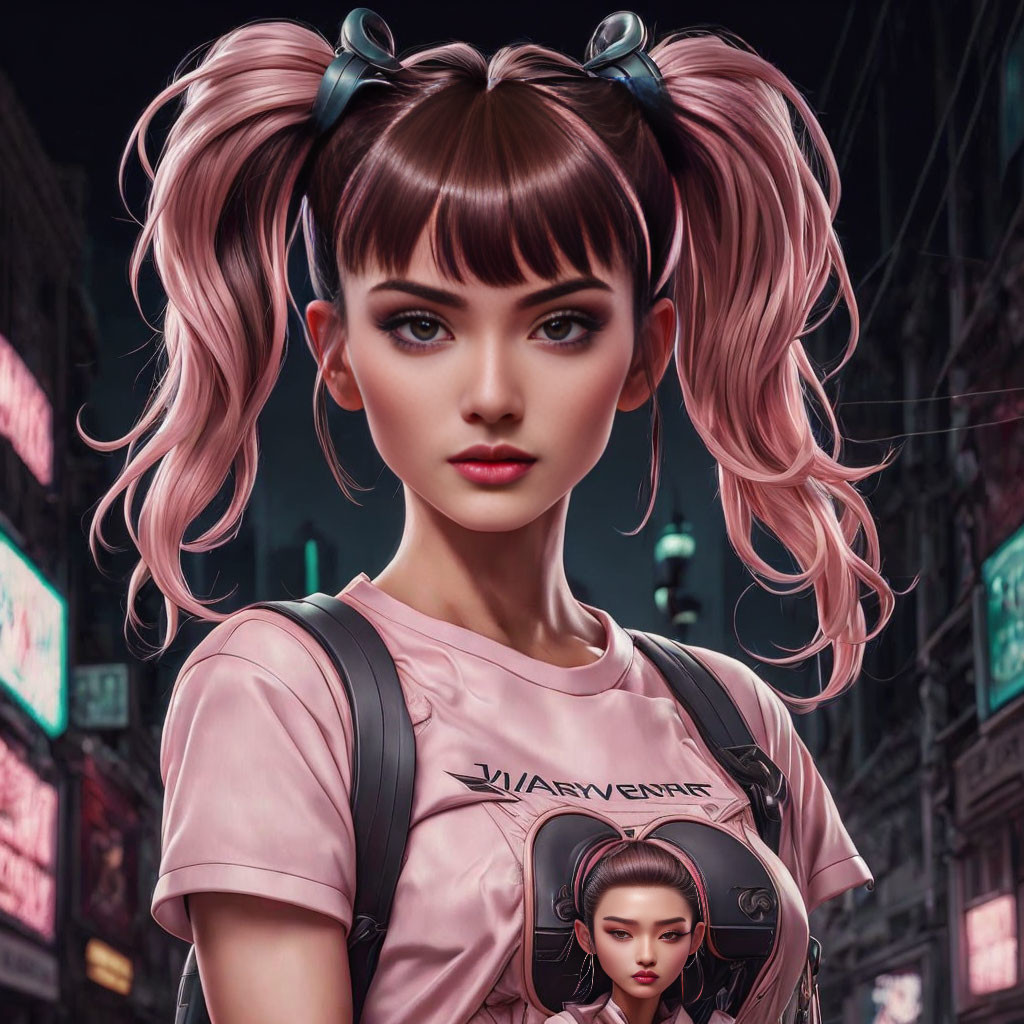 Digital Artwork: Girl with Pink Double Buns in Futuristic Style