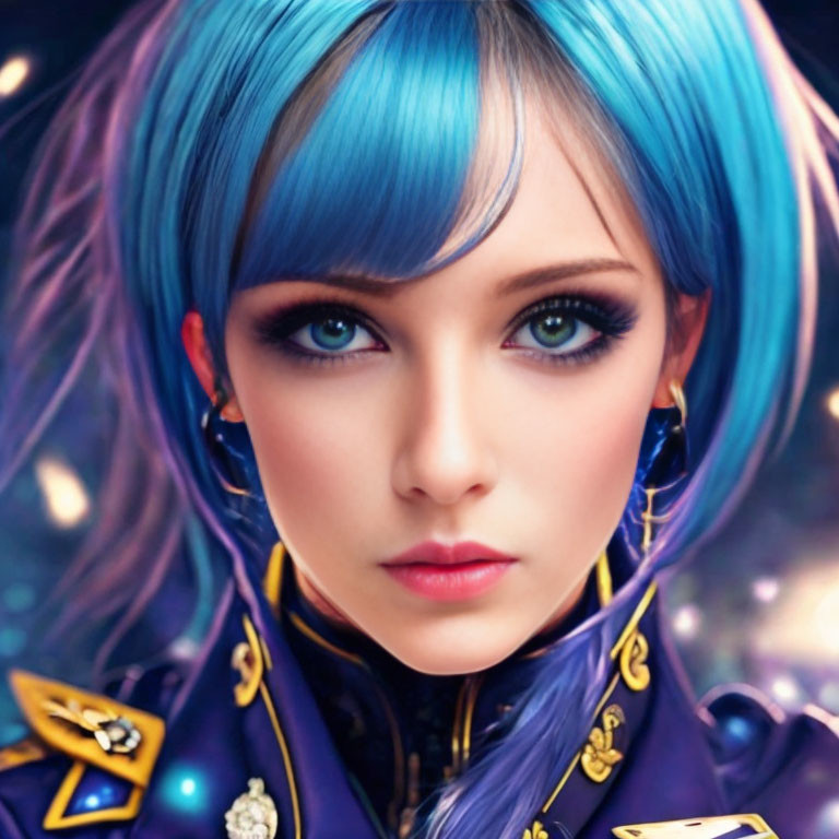 Vibrant blue-haired female character in navy-blue military outfit