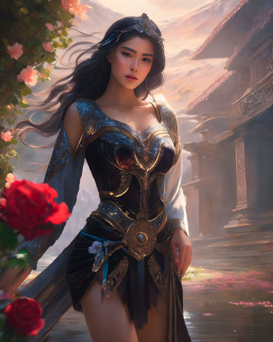 Ethereal woman in ornate medieval armor in sunlit garden