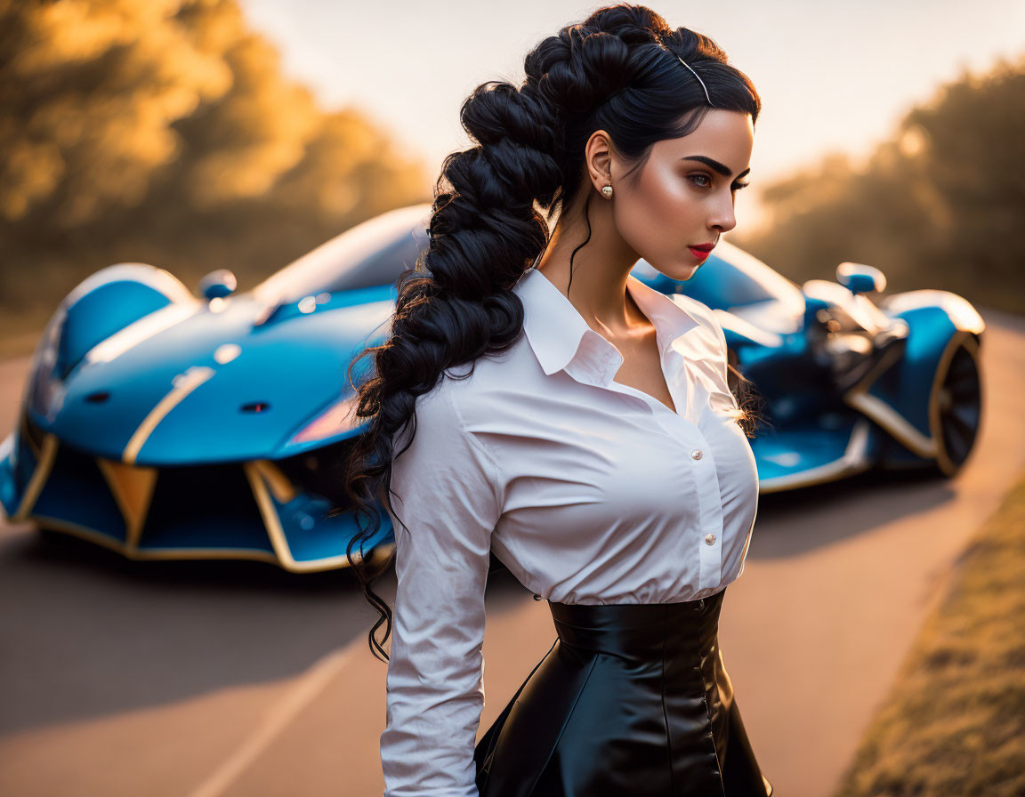 Woman with long braided hair in white shirt and black corset by blue sports car on autumn road