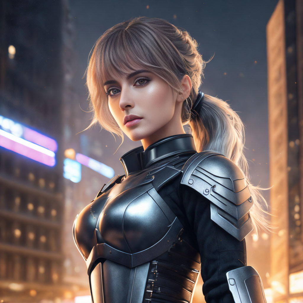 Digital artwork: Woman with blue eyes, blonde hair in ponytails, futuristic black armor, blurred city