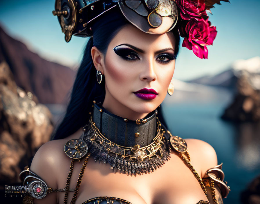 Steampunk woman in ornate attire with headgear and choker