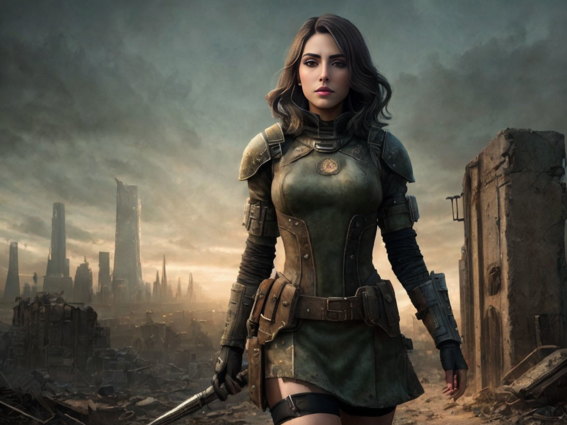 Female warrior in futuristic armor against dystopian cityscape