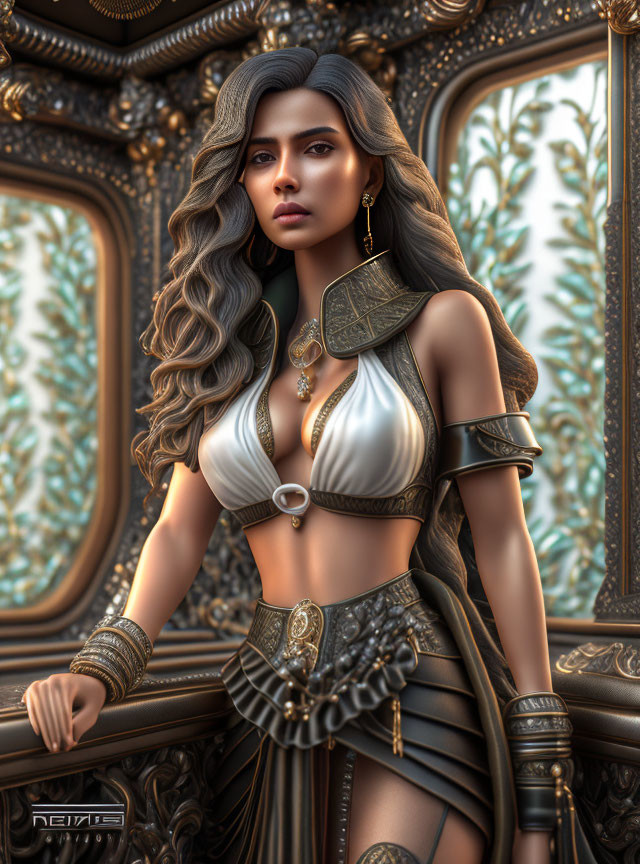 Fantasy armor woman with wavy hair by decorative mirror