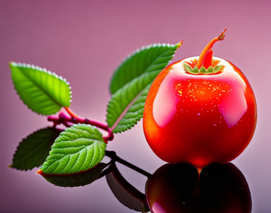 Fresh red tomato with water droplets on reflective surface, green stem, pink gradient background