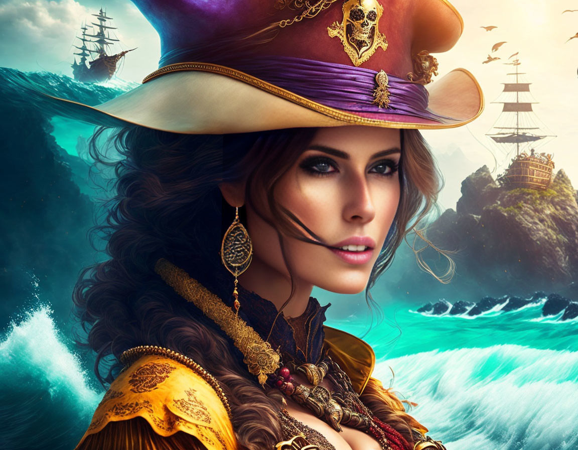 Digital artwork: Woman as pirate captain with purple hat, golden attire, vibrant sea, sailing ships,