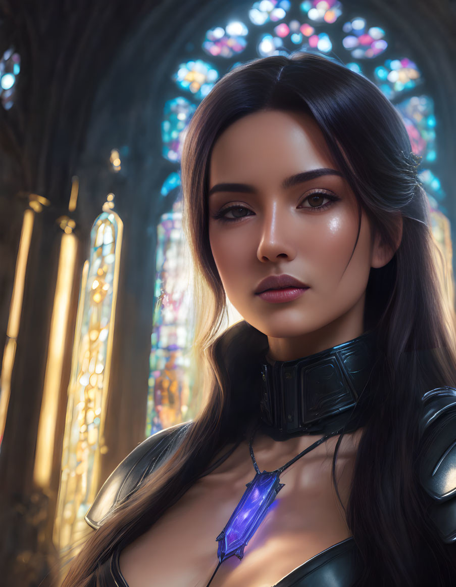 Dark-haired woman in futuristic armor with crystal pendant against stained-glass backdrop