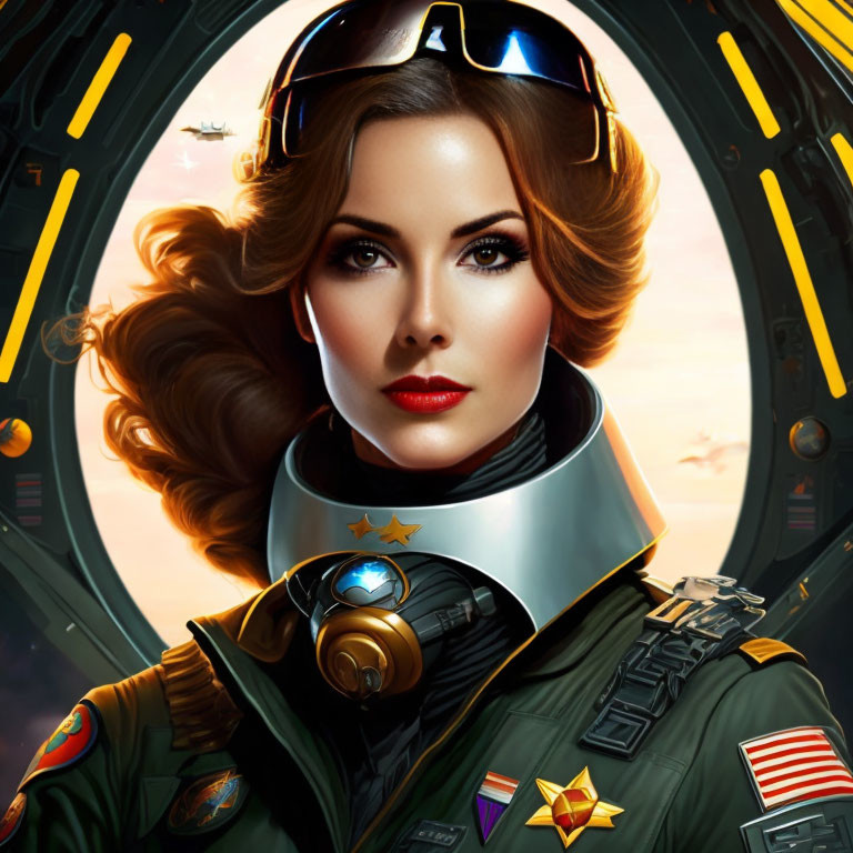 Stylized portrait of woman in aviator sunglasses and astronaut suit against space backdrop