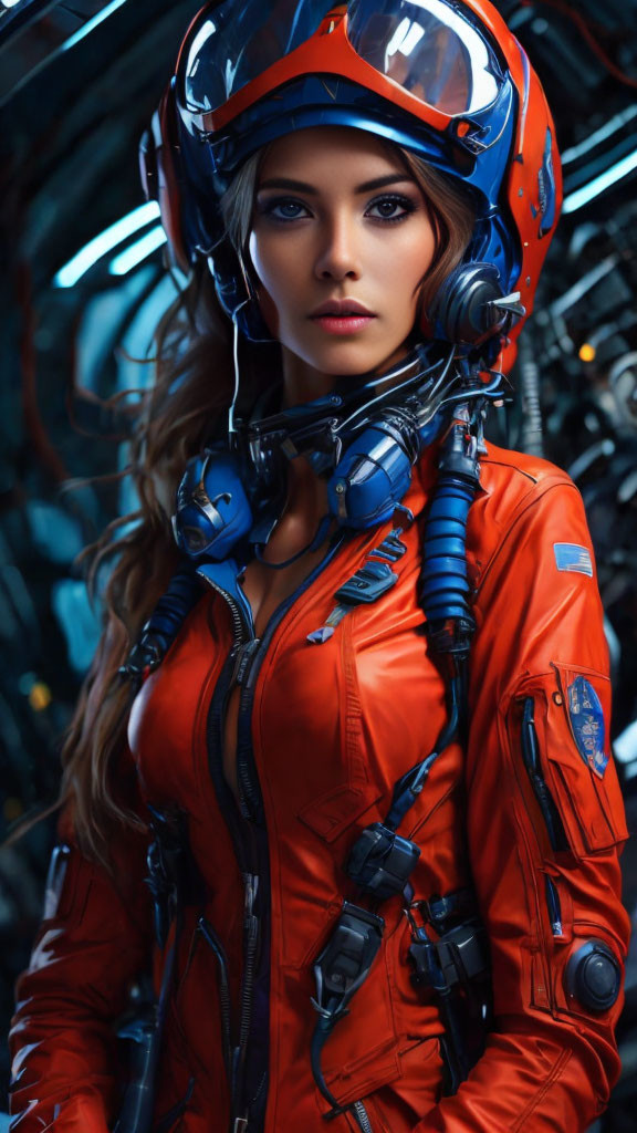 Futuristic woman in orange suit with blue helmet and tech backdrop