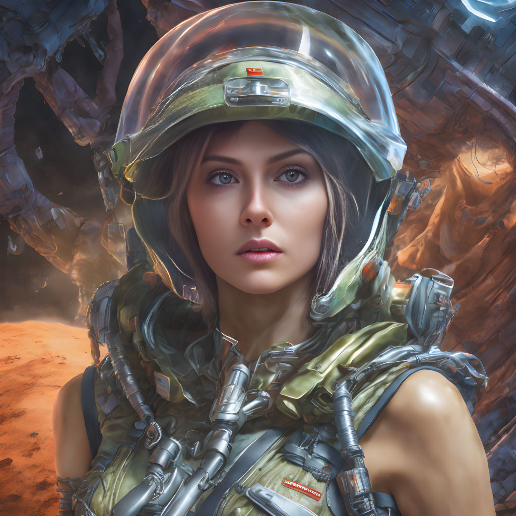 Futuristic woman in space suit with visor on alien planet