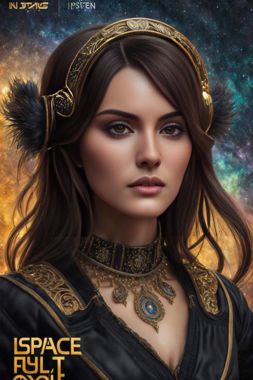 Digital portrait of a woman in cosmic setting with golden headset and sci-fi attire