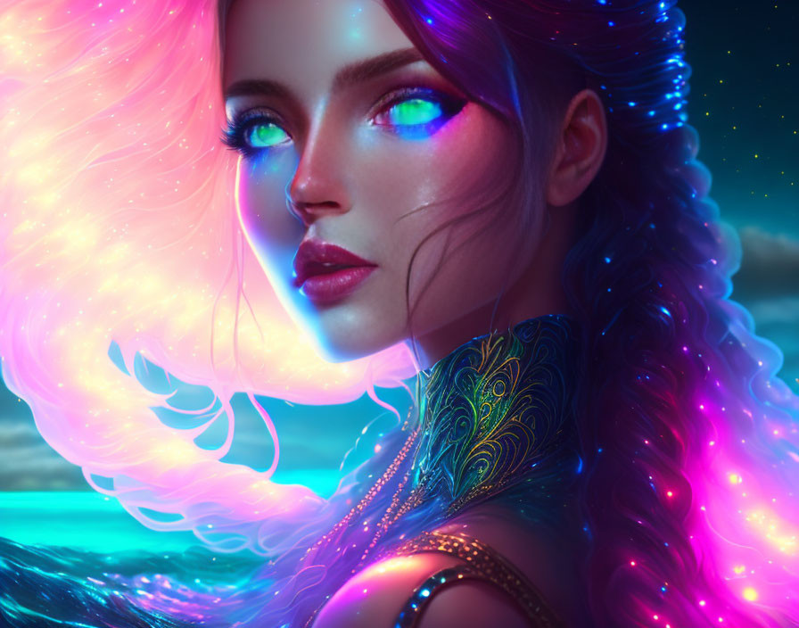 Digital artwork of a woman with glowing hair and blue eyes in a moonlit ocean setting