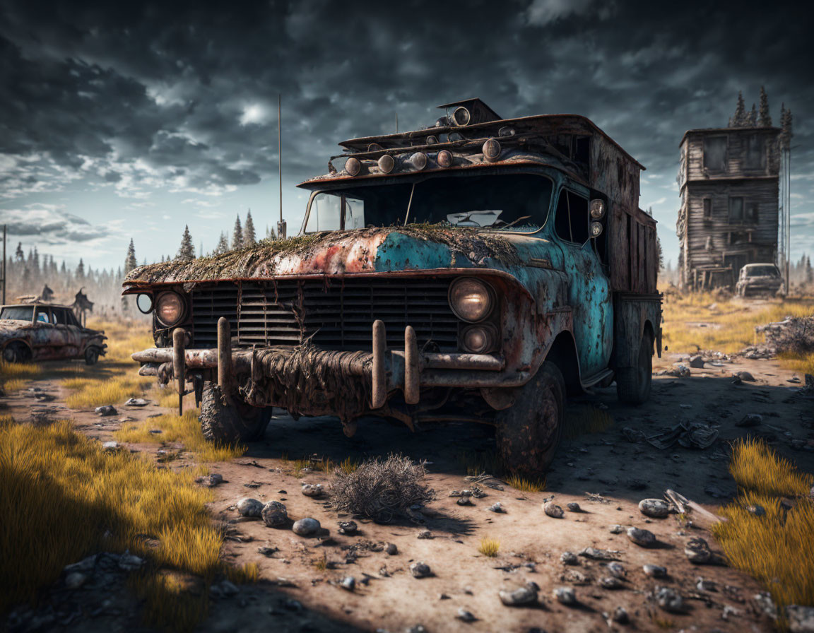 Abandoned rusty truck in overgrown field with cloudy sky