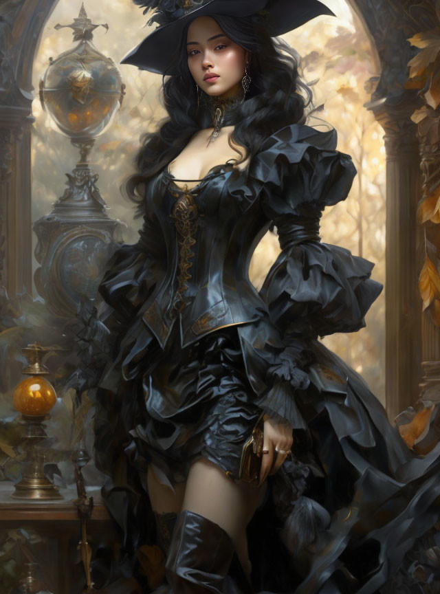 Elaborate black ruffled dress and witch's hat in fantasy autumn scene.