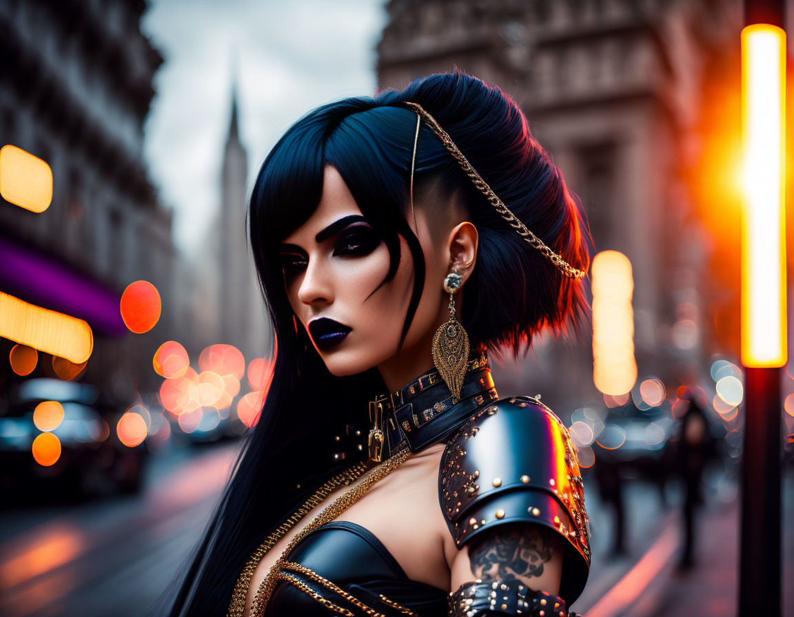 Woman with bold makeup and edgy black hair style, spiked collar, shoulder armor, in city at