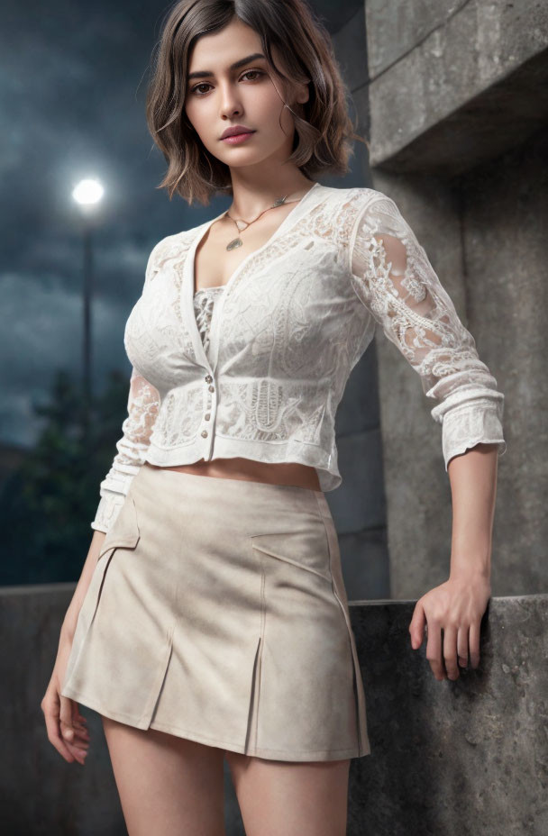 Woman in white lace cardigan and beige skirt outdoors at twilight