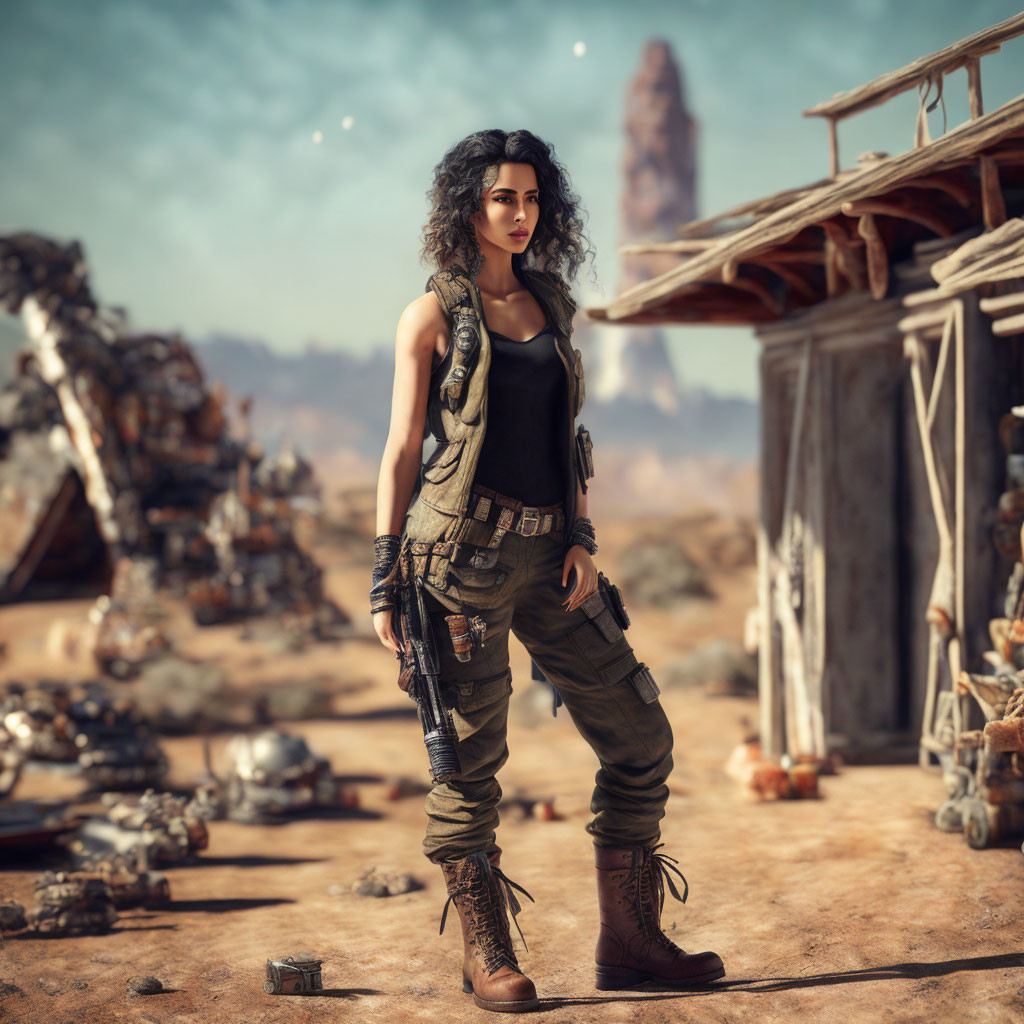 Confident female character with curly hair in military attire in desert setting