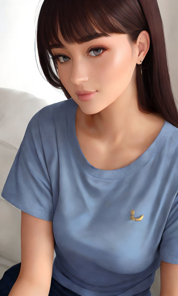 Brown-haired woman in blue shirt with banana pin, subtle gaze