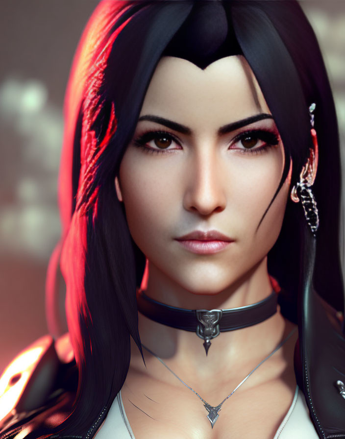 Digital portrait of woman with black hair, red highlights, choker, earring, intense expression