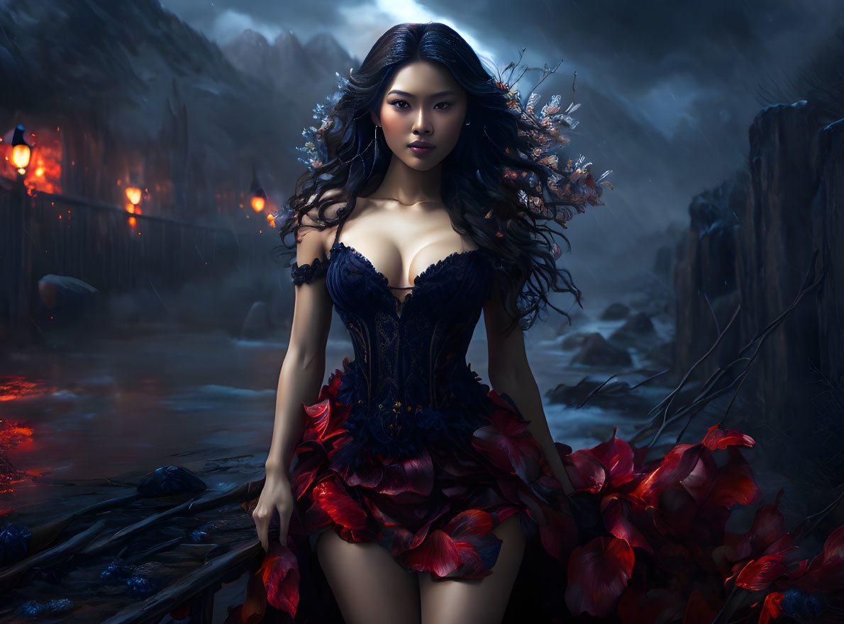 Mystical woman in nature-inspired attire on dark fantasy bridge