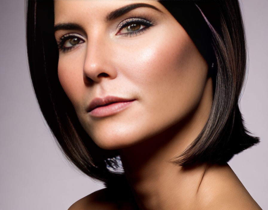 Portrait of woman with sleek bob haircut and dark eyes on light background