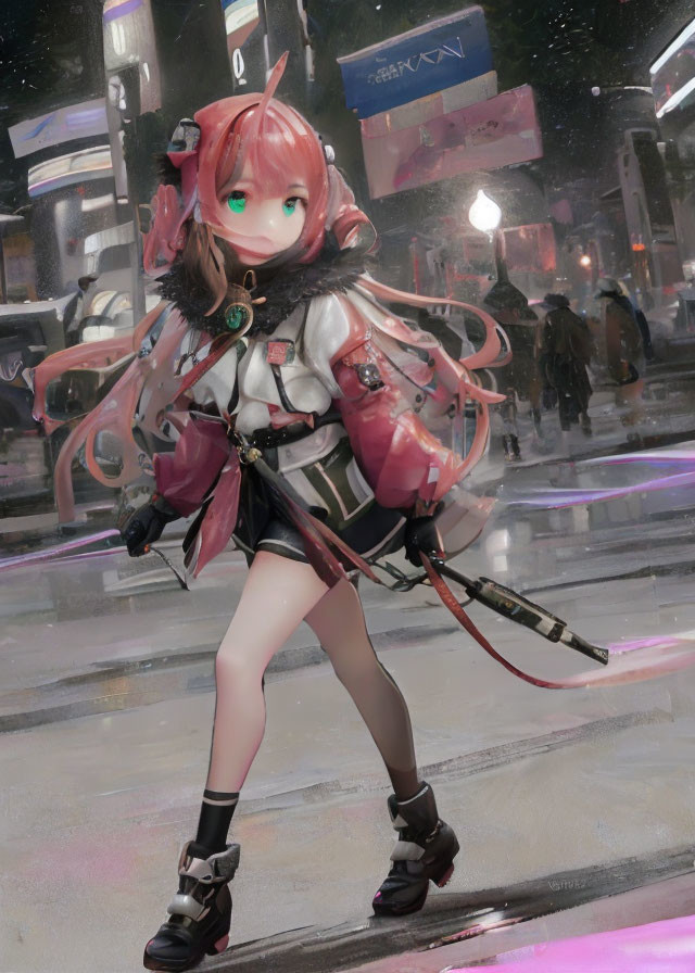 Pink-haired anime-style girl in futuristic outfit in rain-soaked urban setting with neon signs.