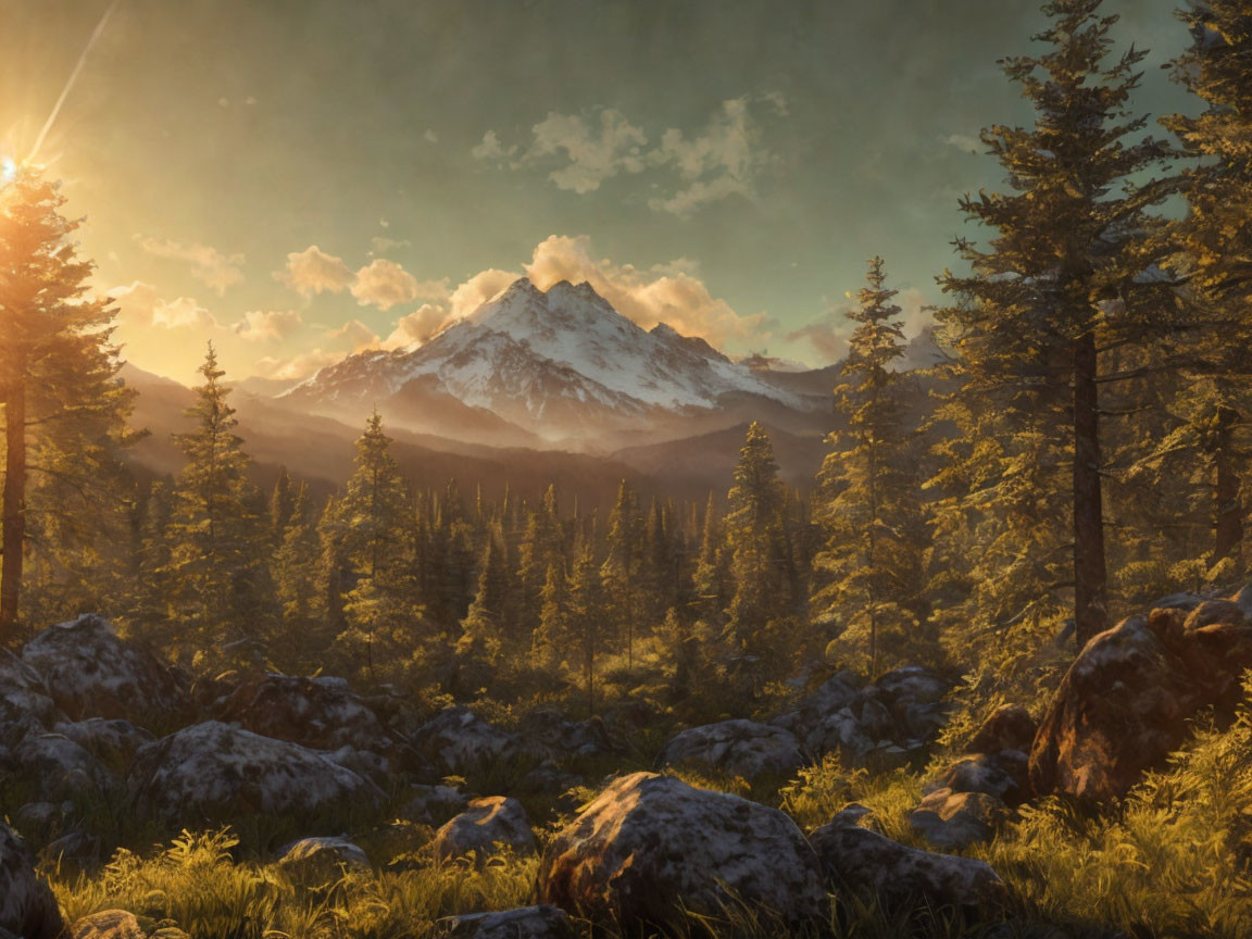 Sunlit mountain backdrop in serene landscape surrounded by forests and rocky terrain.