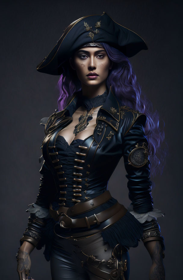 Purple-haired woman in pirate captain attire on dark backdrop