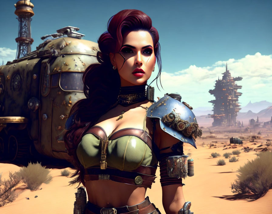 Futuristic female character in post-apocalyptic desert with weathered vehicle