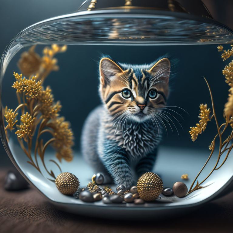 Striped kitten in glass bowl with yellow flowers and pebbles