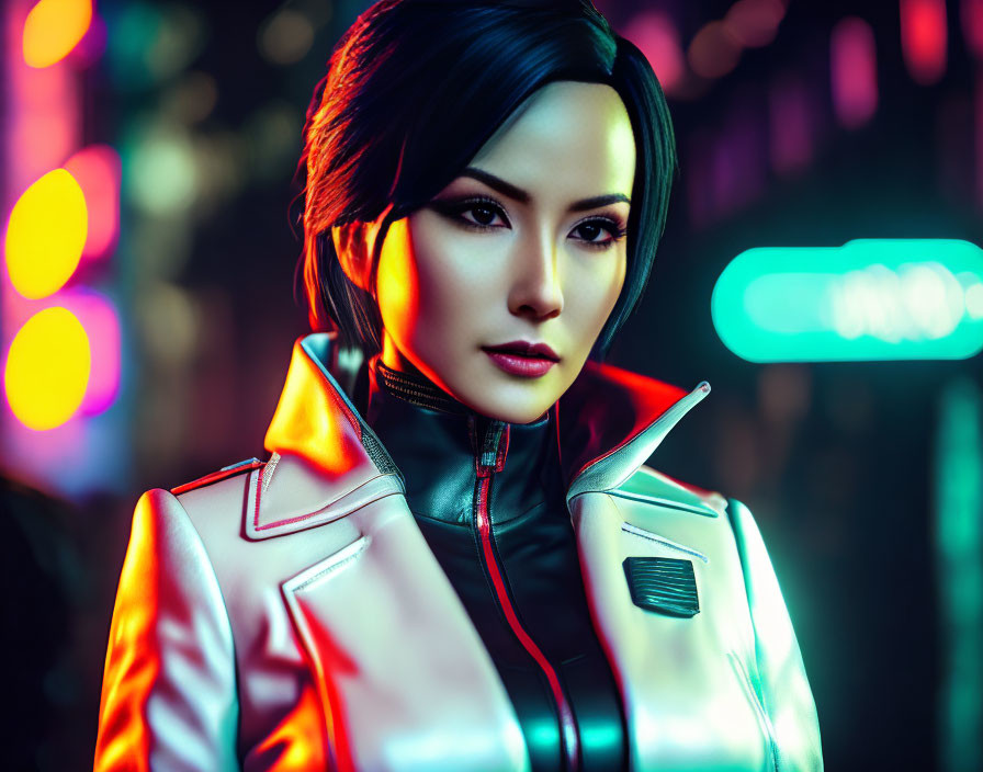 Dark-haired woman in futuristic white jacket against neon cityscape.