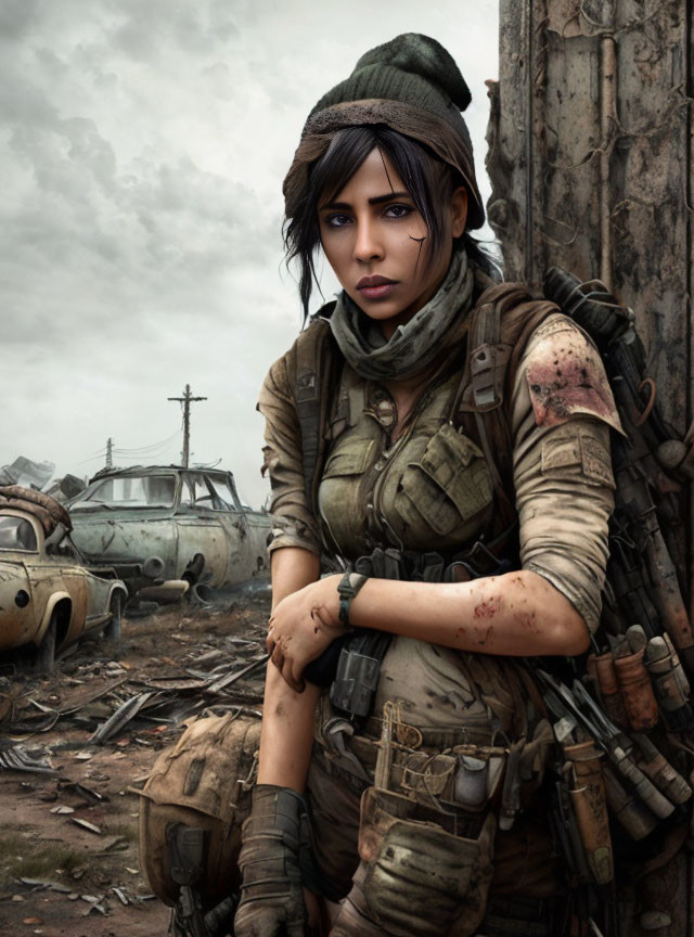 Female soldier in post-apocalyptic scene with destroyed vehicles and debris.