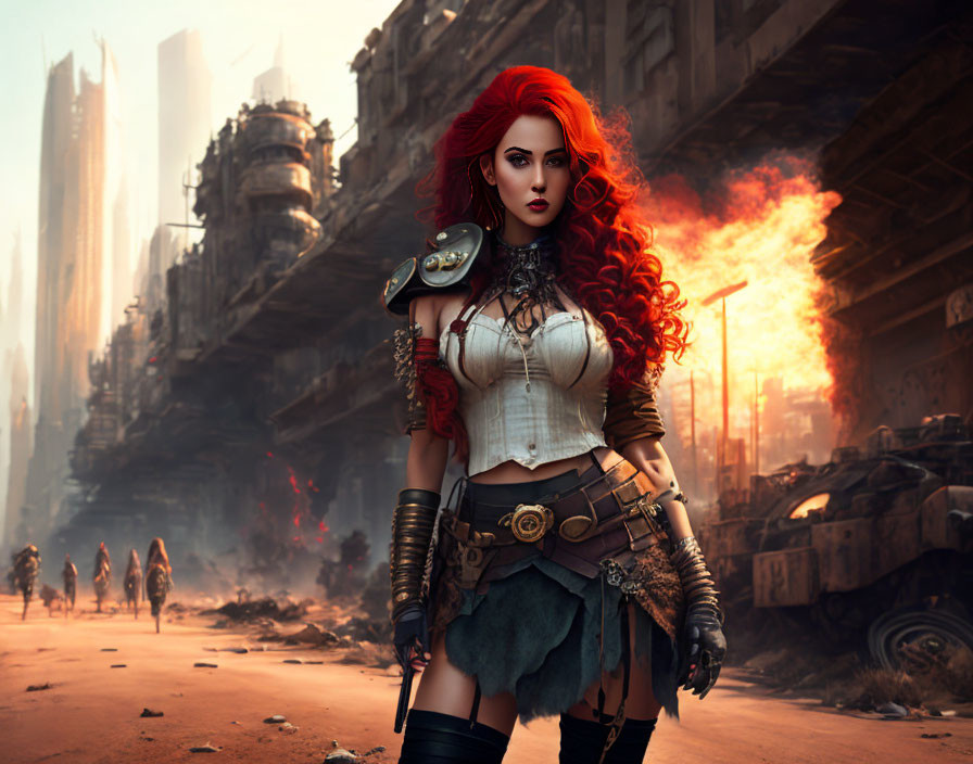 Vibrant red-haired woman in cyberpunk attire in dystopian cityscape