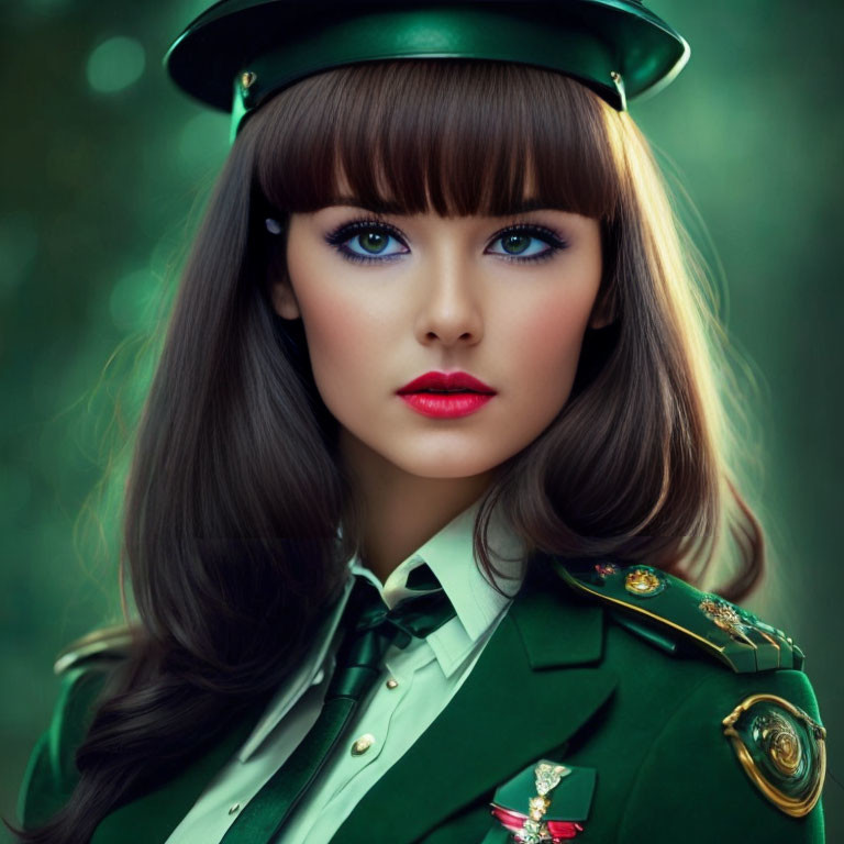 Blue-eyed woman in military uniform with cap and medals on blurred green background