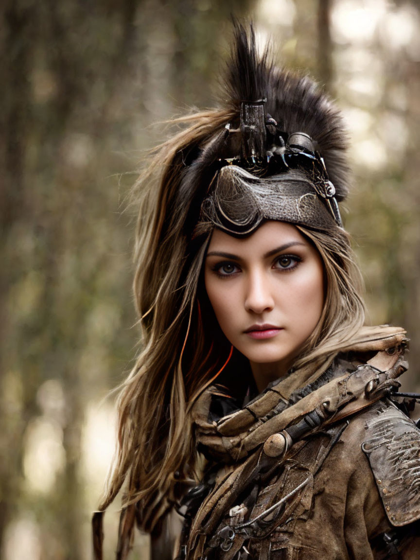 Intense Woman in Feathered Headdress and Leather Costume in Woodland Setting