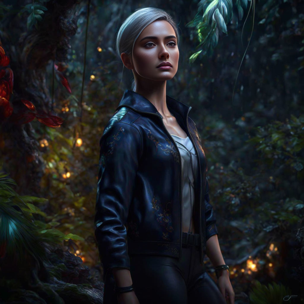 Silver-haired woman in mystical forest with glowing plants