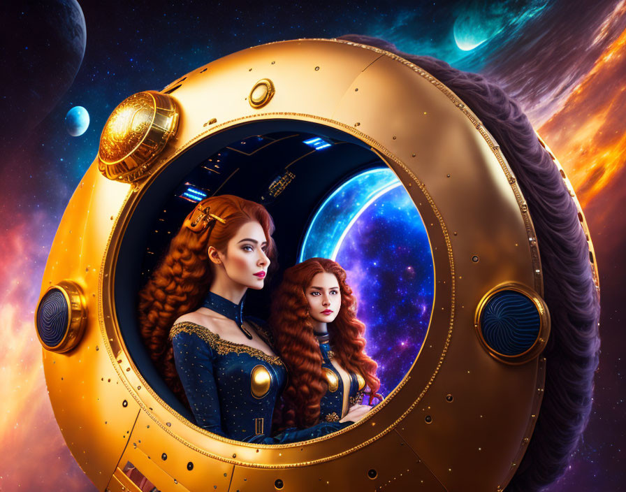 Stylized women in brass-rimmed porthole with cosmic backdrop