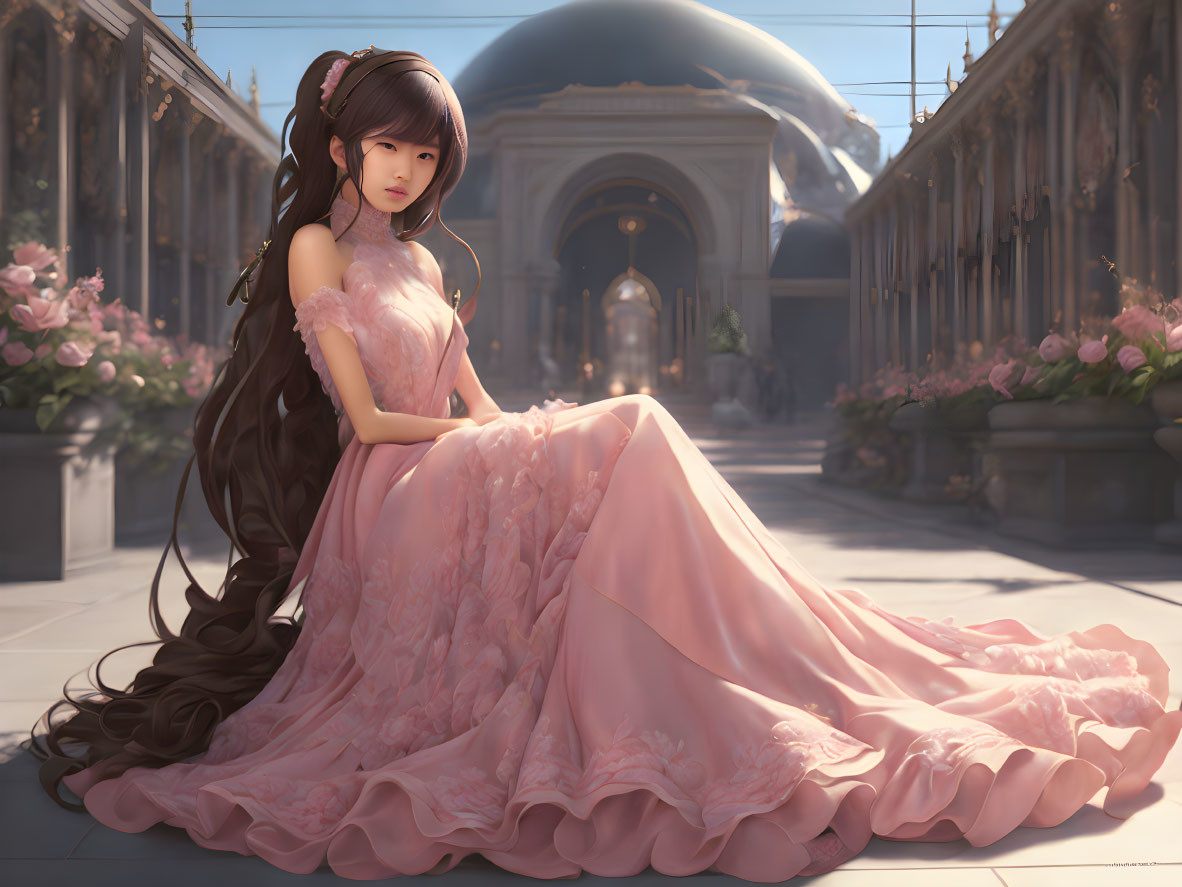 Long-haired girl in blush pink gown amid cherry blossoms and classical architecture.