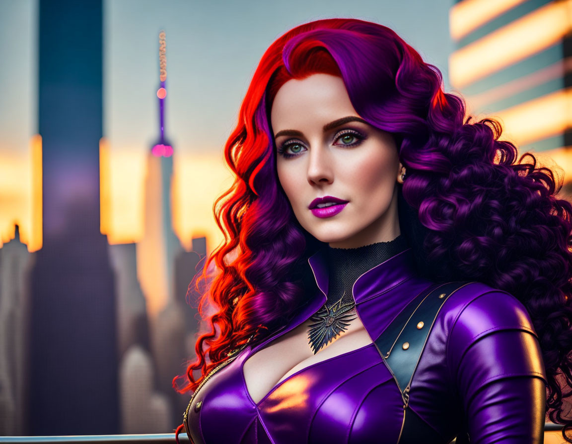 Digital Illustration: Woman with Red Hair in Purple Outfit at City Sunset