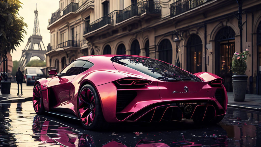 Red sports car on wet cobblestone street with Eiffel Tower at sunset