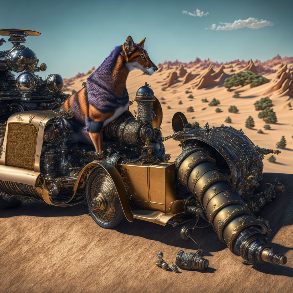 Fox in violet shawl on steampunk motorcycle with robot in desert