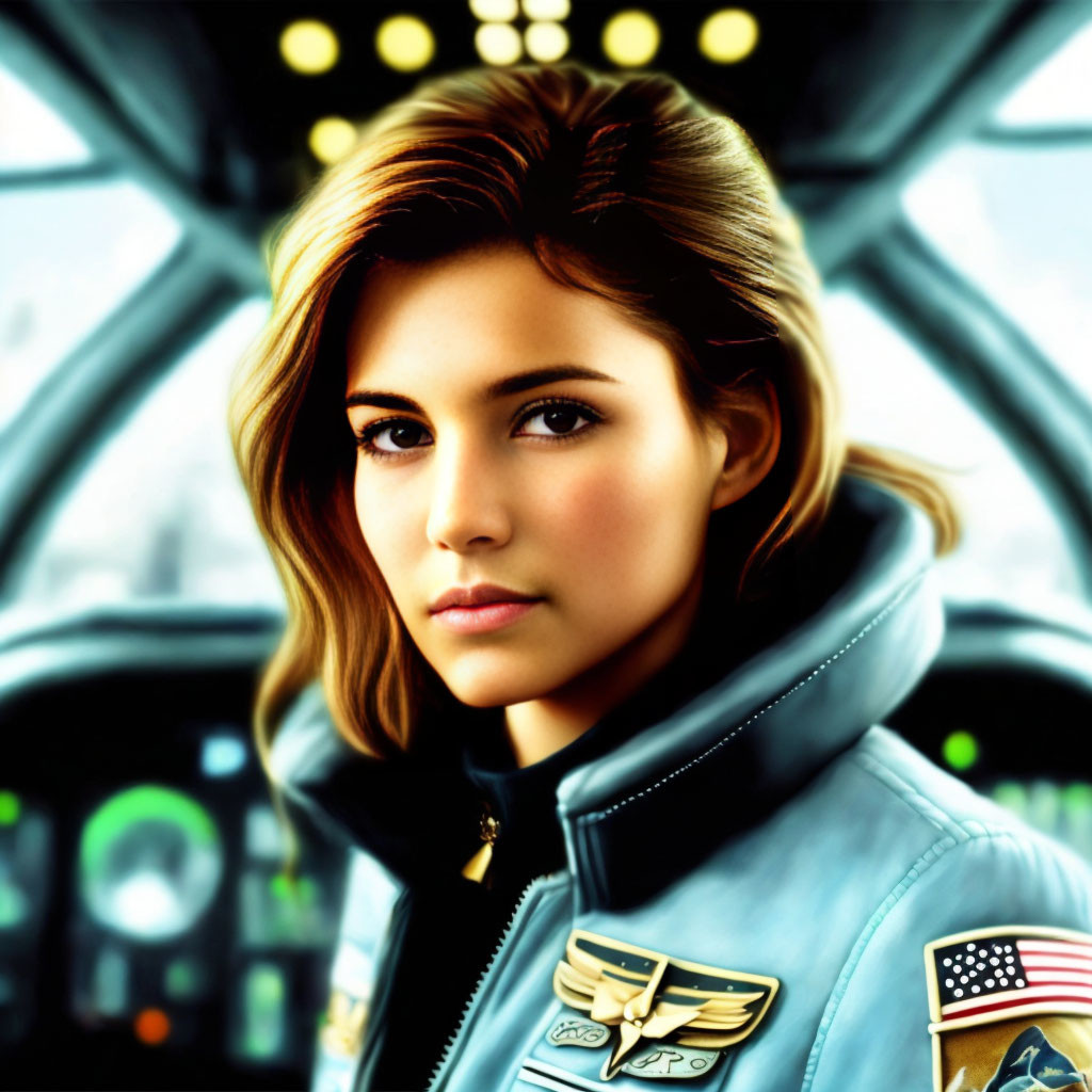 Digital illustration: Confident woman in pilot jacket with badges, blurred cockpit dashboard.