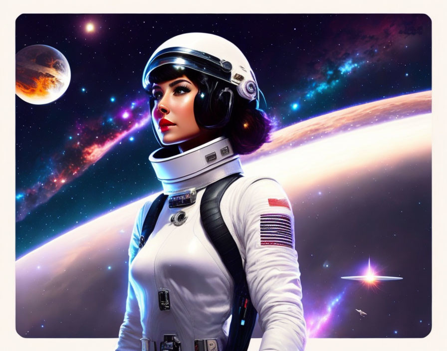 Stylized female astronaut in retro helmet against cosmic backdrop