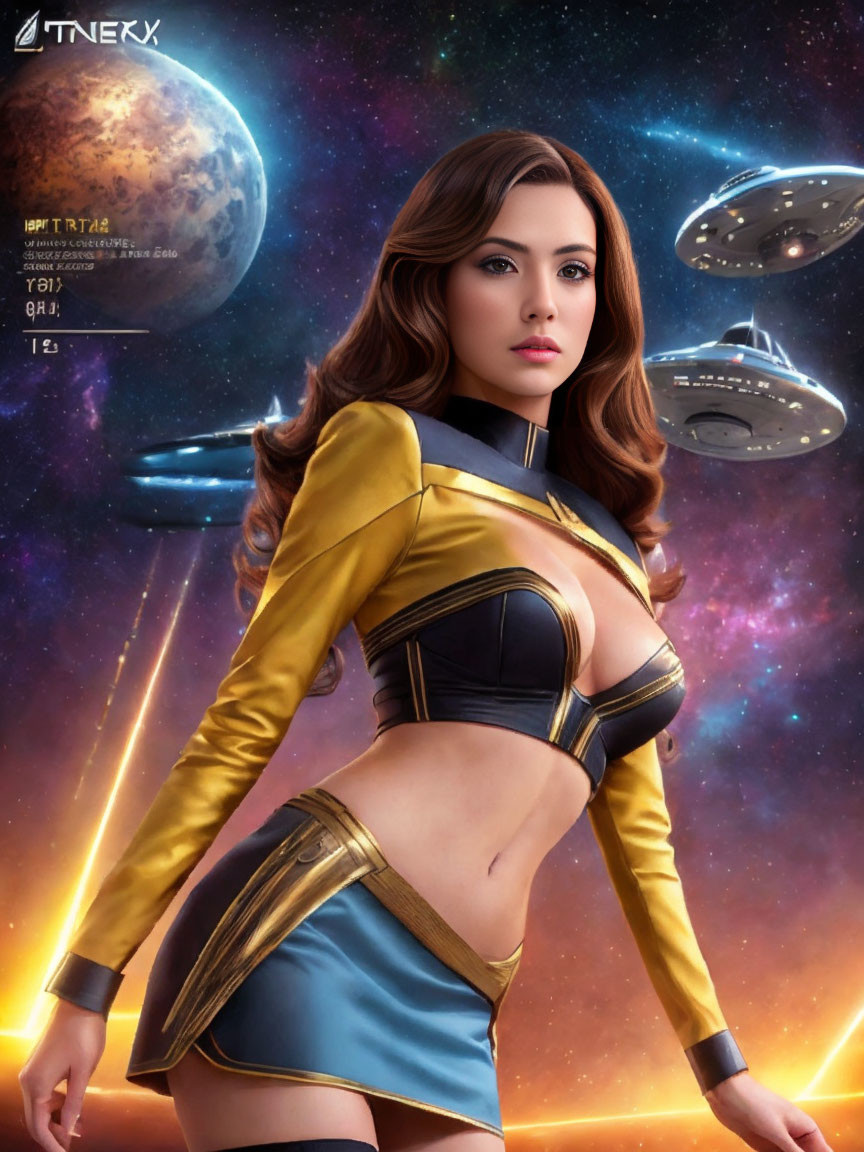 Futuristic woman in yellow and black uniform with celestial backdrop