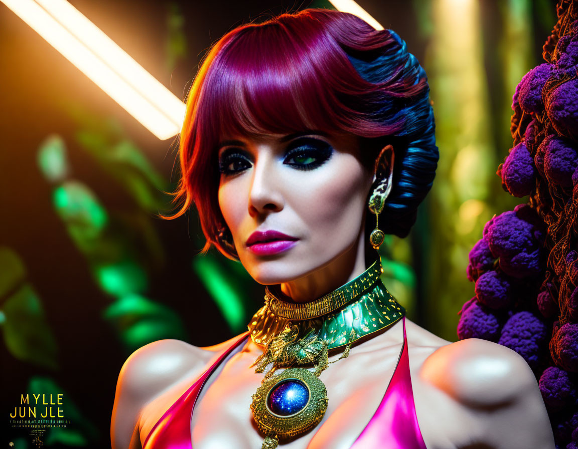 Vibrant pink and purple hair woman with bold makeup and golden necklace in neon lights.