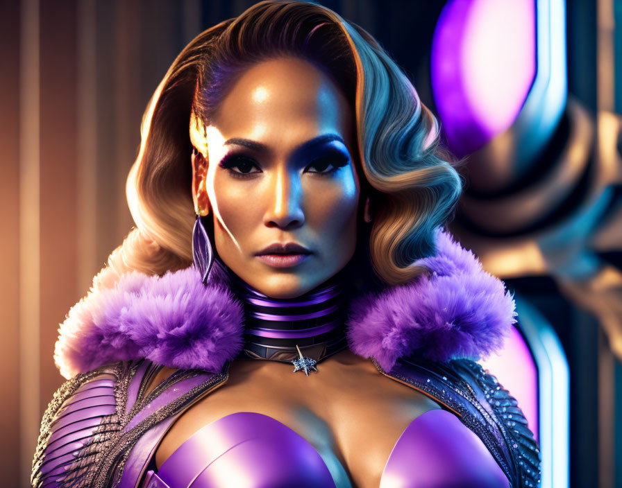 Futuristic woman in metallic purple attire with violet shoulder pads and choker, blonde hair, blue