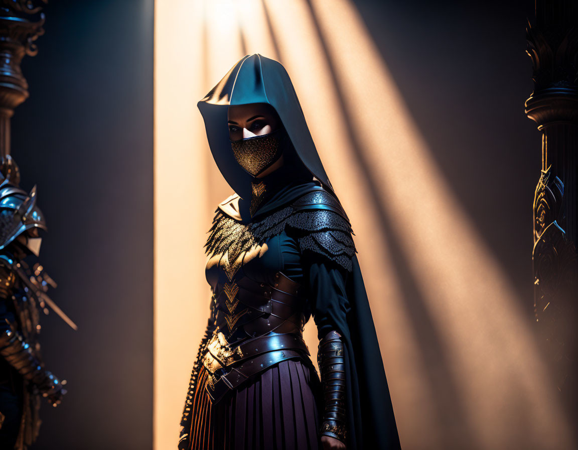 Mysterious Figure in Black Hooded Cloak and Armor in Dimly Lit Setting